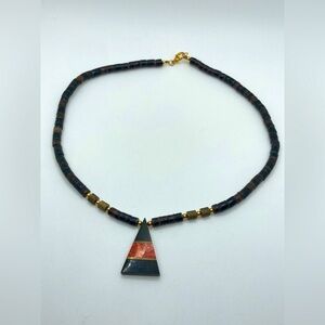 Vtg NA Spiny Oyster Shell Inlay Wood Bead Triangle Necklace 16” + 1.2”